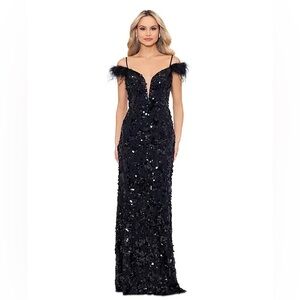 Betsy Adam sequined feather trim formal gown